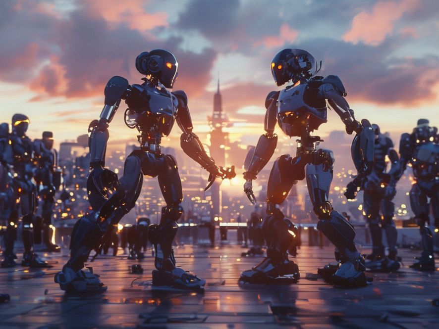 一群代表封闭,一群代表开源的两拨机器人在进行对抗,双方在争取使 AI 机会民主化,防止巨大的权力集中在少数公司手中。